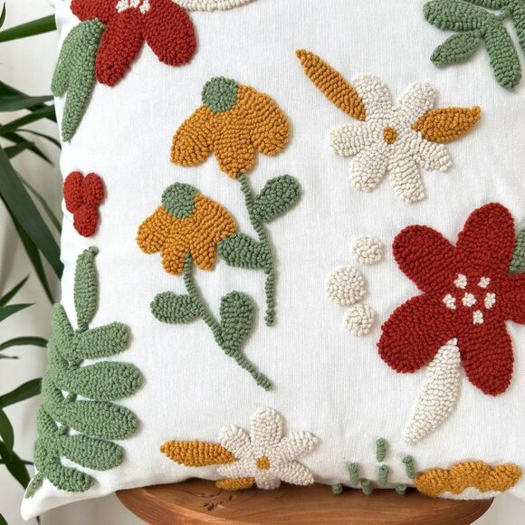 Handmade Punch Needle Pillow Cover: Tufted Floral Embroidered Cushion (16"x16") - Picture 2 of 4